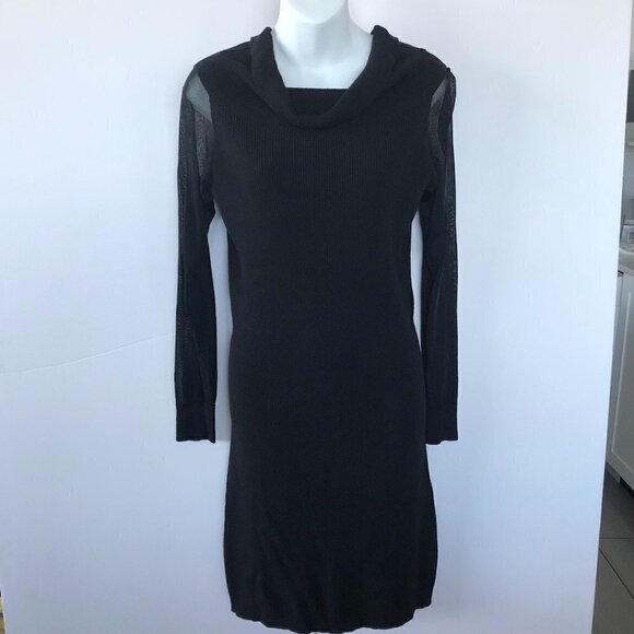 H by HALSTON LBD, black stretchy knit dress, cowl neck, mesh sleeves, sz M - Picture 1 of 14